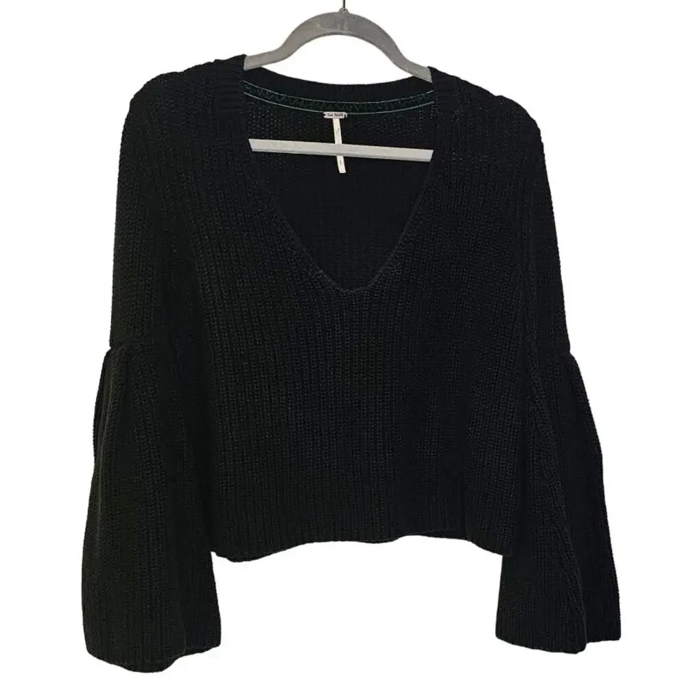 Free People Damsel Cable Knit Bell-Sleeve Black Cropped Boho Pullover Sweater